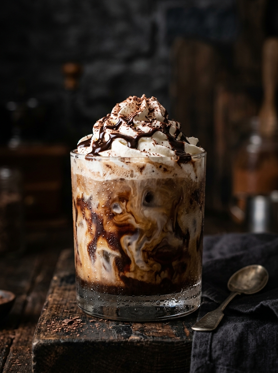 Volcano Mocha — iced mocha with chocolate drizzle