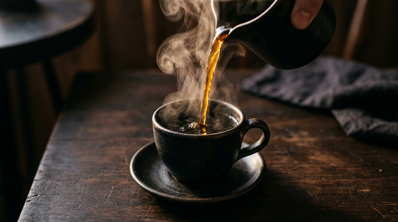 Coffee being poured into a dark cup with steam rising