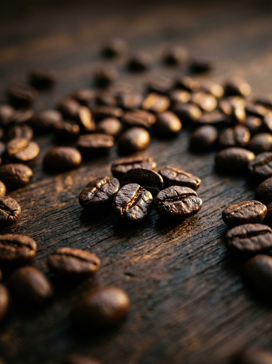 Dark roasted coffee beans on a wooden surface