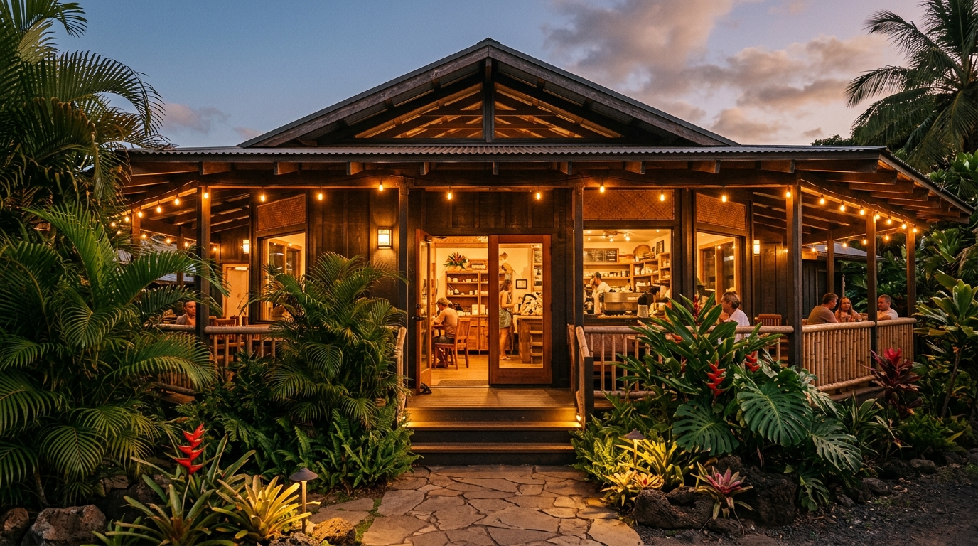 Tropical coffee shop exterior at dusk with warm string lights